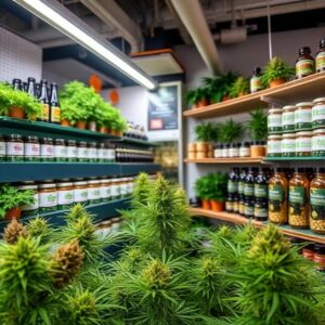 Cannabis retail store shelves stocked with CBD products, tinctures, and jars alongside lush cannabis plants in the foreground